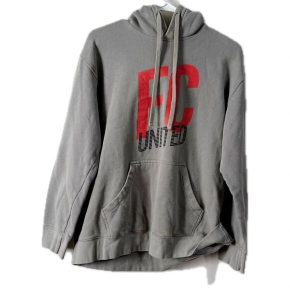 Gray and Red Hooded Sweater with Bold Graphic - Picture 1 of 5